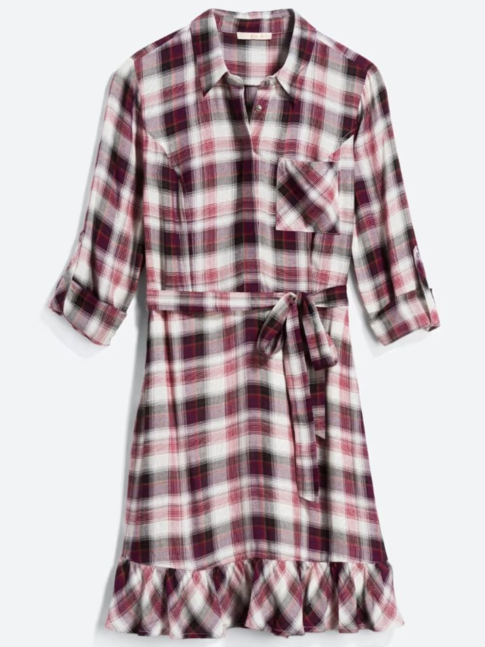 [Skies Are Blue] Red Plaid Martina Shirt Dress Ruffle Hem